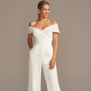 cuffed off-the-shoulder stretch crepe jumpsuit